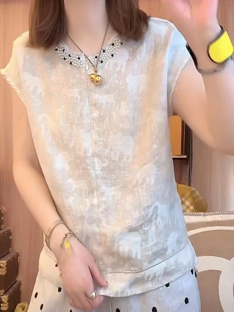 重工钉珠亚麻短袖衬衫女2025夏季新款宽松大码休闲显瘦提花小衫衣