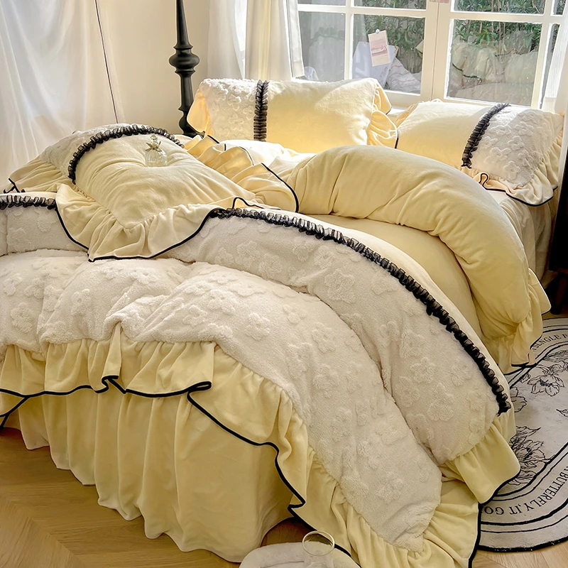 秋冬加厚雕花牛奶绒四件套双面绒花边被套公主风床裙床单笠法兰绒