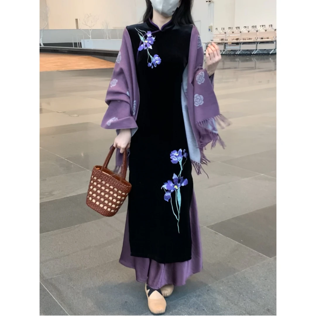 葫芦扣刺绣新中式优雅中长裙旗袍秋冬民族风立领中式