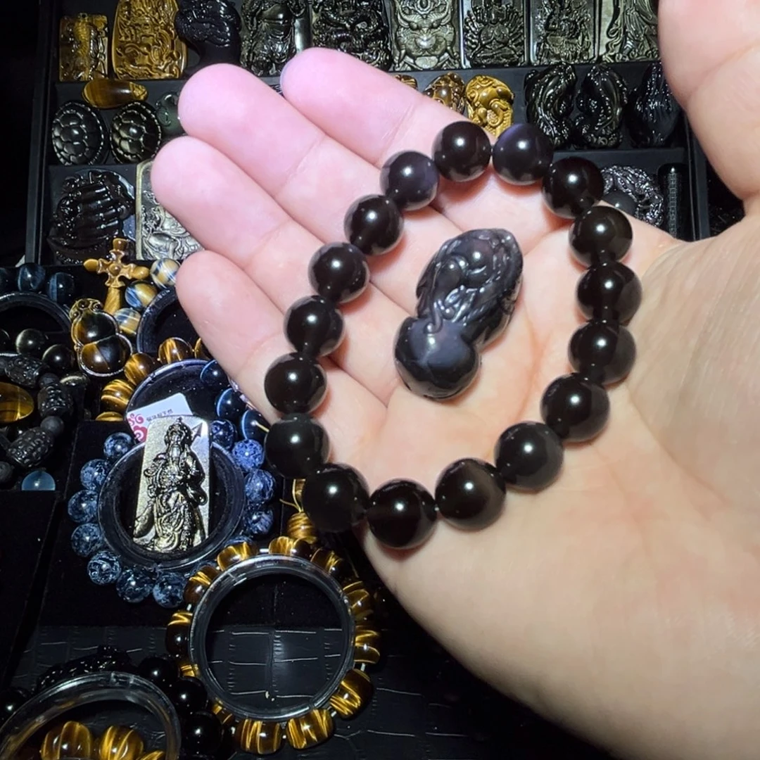 未镶嵌黑曜岩手链沐*天然冰彩黑曜石12m貔犰款