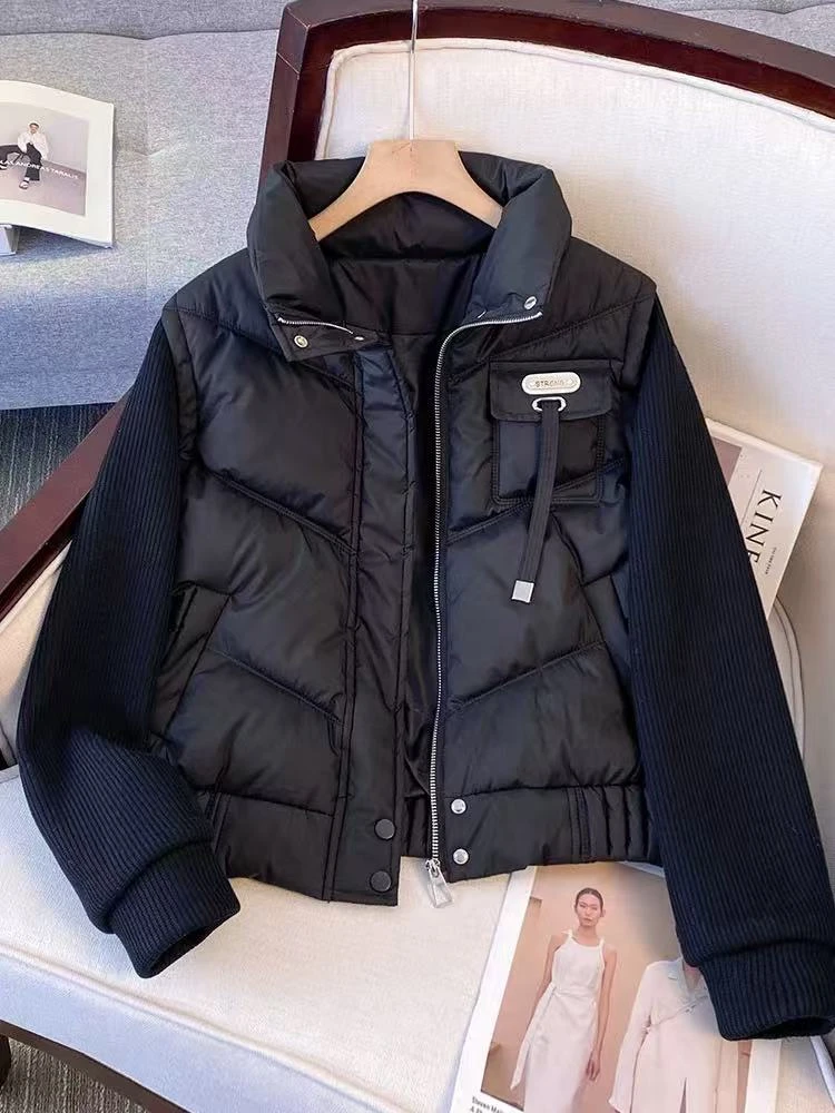 690#秋冬时尚针织袖拼接棉服