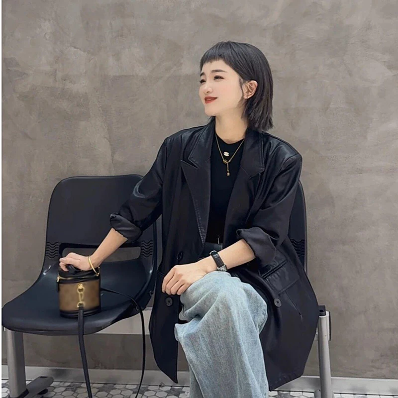 黑色复古ins超火皮衣外套女2025春季新款宽松百搭港风设计感上衣