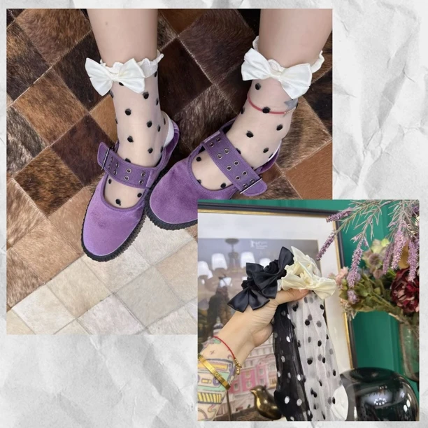 夏季清凉穿搭圆点玻璃丝短袜黑白波点薄透肉甜美蝴蝶结中筒袜