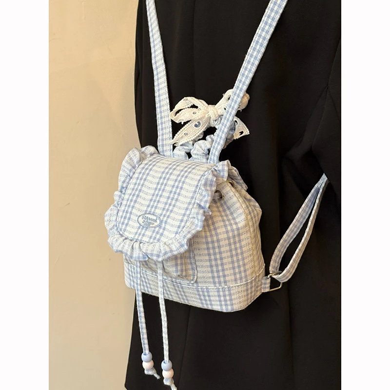 韩系ins风蕾丝格子双肩包2025新款小众设计蓬松荷叶边mini背包