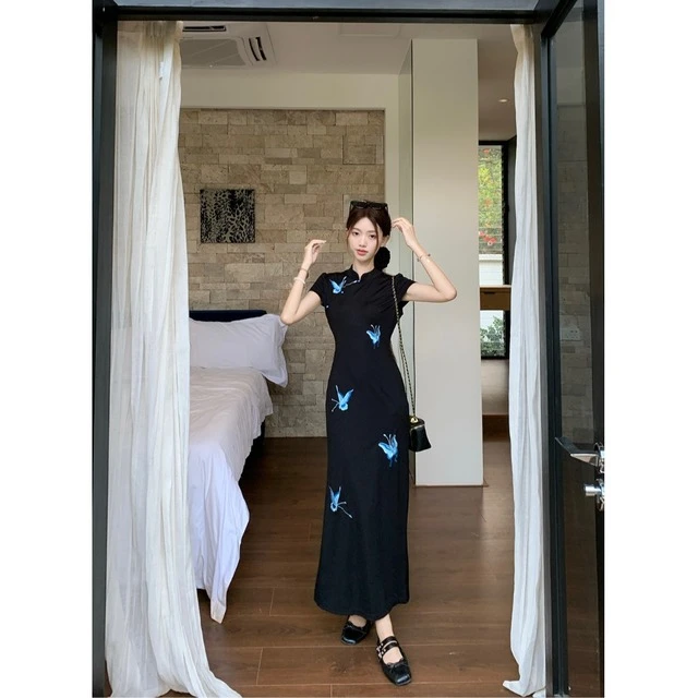 夏季女装韩系chic辣妹别致新中式镂空网纱蝴蝶刺绣黑色气质连衣裙