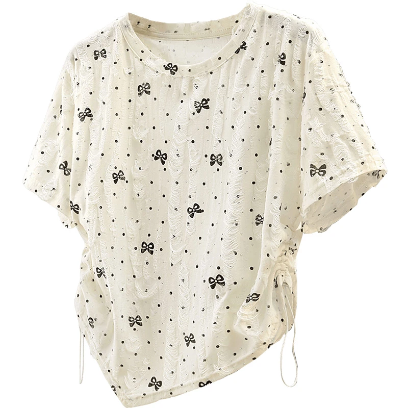 丝柏舍2025夏季新款女装时尚简约烫钻短袖套头圆领T恤S52X4519T