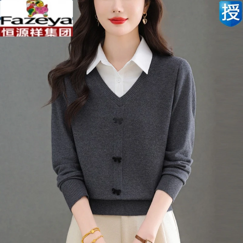 恒源祥集团彩羊假两件撞色毛衣女秋冬衬衫领洋气针织POLO衫高端羊