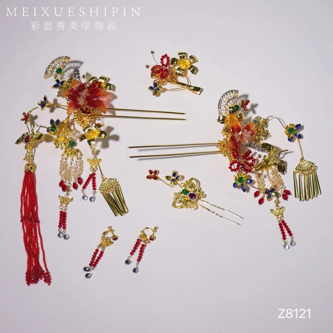 Z8121新娘头饰古典金红撞色高级龙凤褂汉服精致减龄中式婚礼跟妆