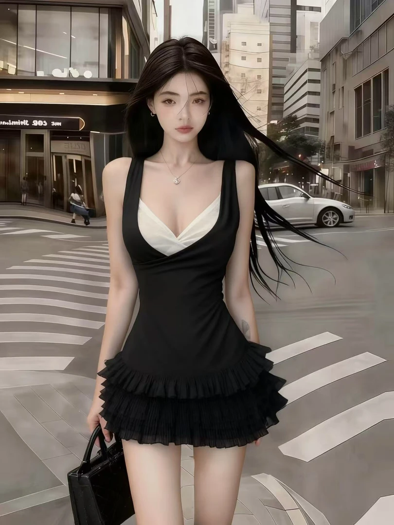 秋冬季高级感纯欲辣妹风小众设计黑色V领无袖吊带修身收腰连衣裙