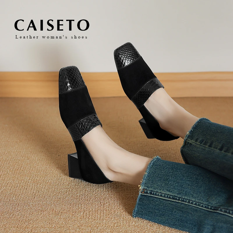 头层羊皮/3.5cm新款方头百搭中跟真皮单鞋通勤时尚软面女鞋D022