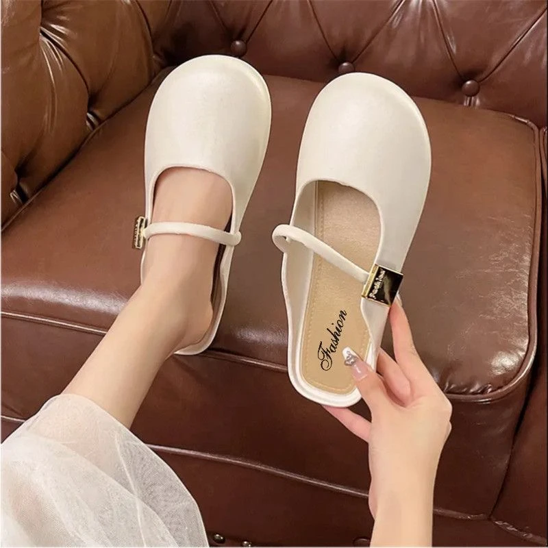 2025春夏新款圆包头半拖鞋休闲度假平底懒人鞋浅口单鞋外穿夏季