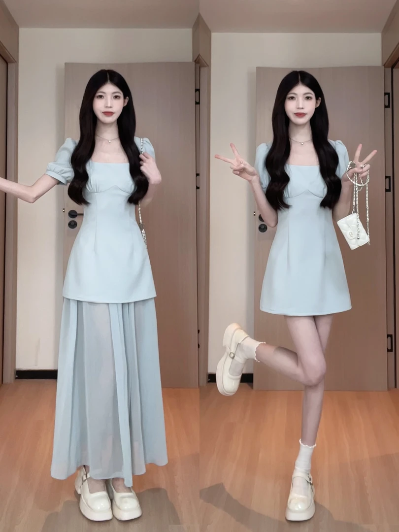 清仓82纯色低饱和绿色短袖修身连衣裙纯色连衣裙B251Q0469