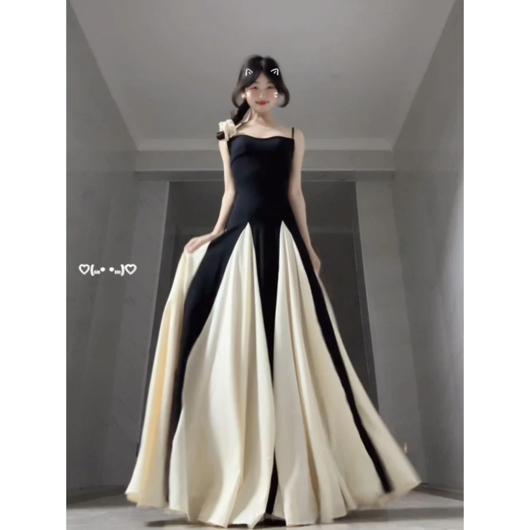 parkyeon法式气质黑白拼色吊带连衣裙女御姐赫本风轻奢礼服长裙