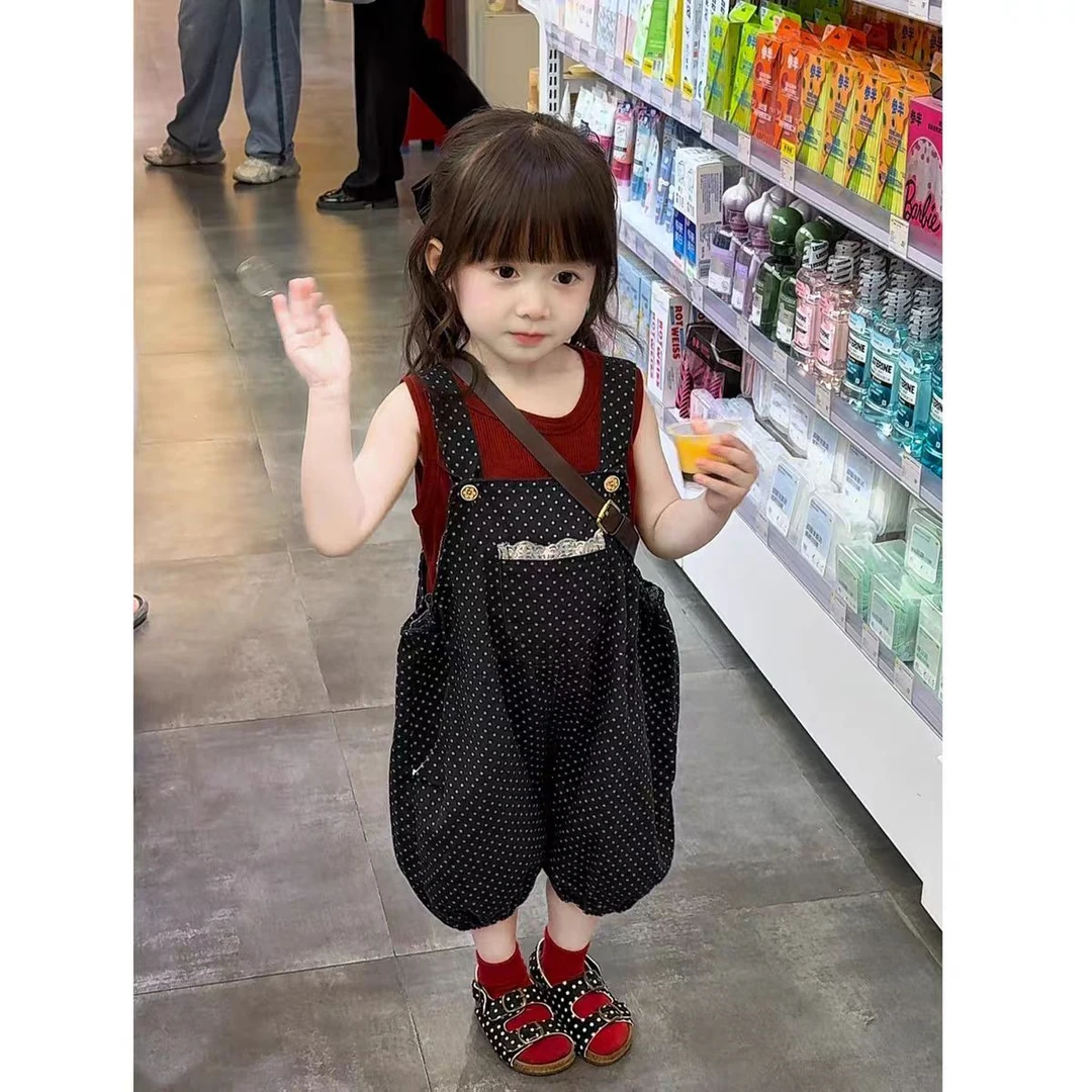 女童背带裤套装2025夏季新款儿童宝宝洋气无袖背心韩版波点连体裤