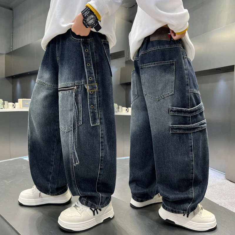 男童裤子春秋款痞帅阔腿工装裤2025新款中大童时髦百搭潮酷牛仔裤