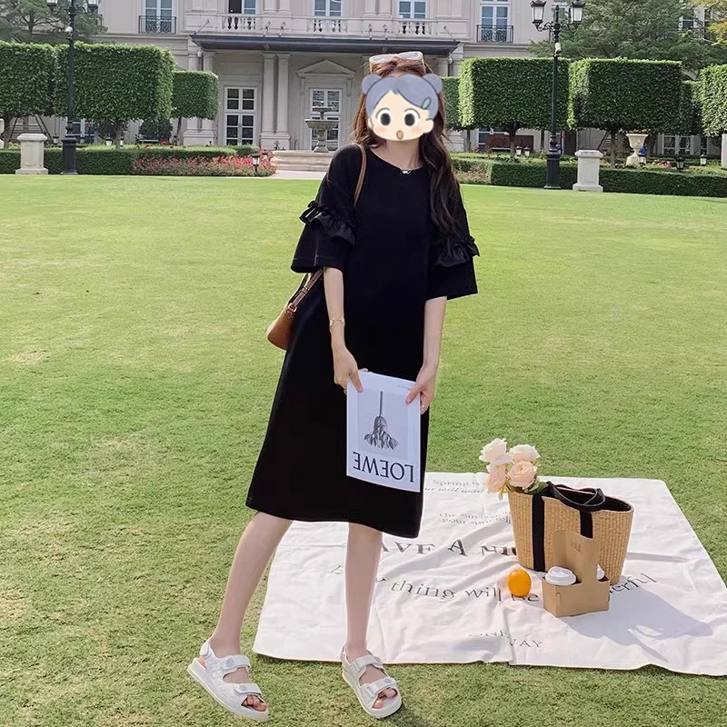 黑色t恤连衣裙女夏遮肉显瘦休闲宽松小众设计感赫本风木耳边裙子