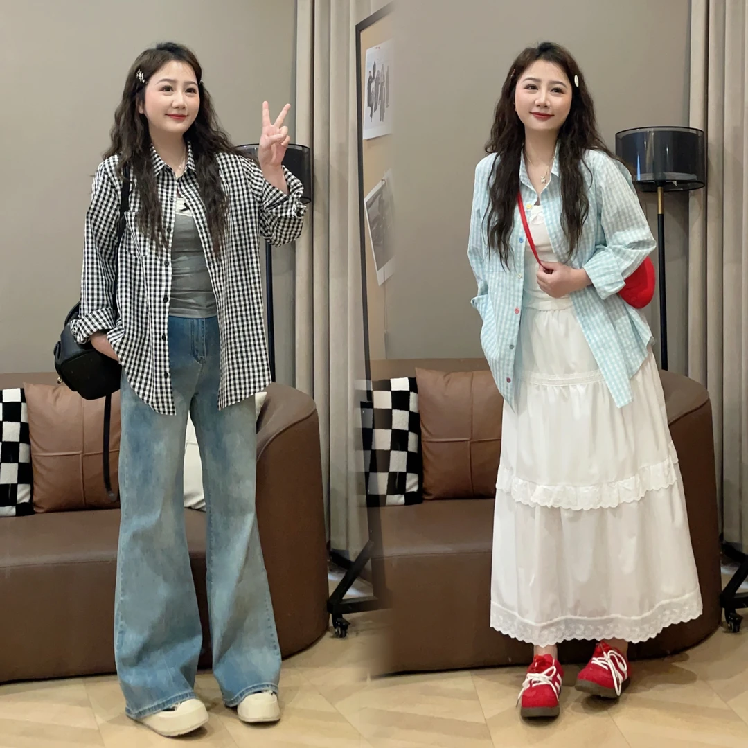 大萌萌【现货】时尚百搭正肩长袖格子衬衫夏季微胖显瘦女P225X05120