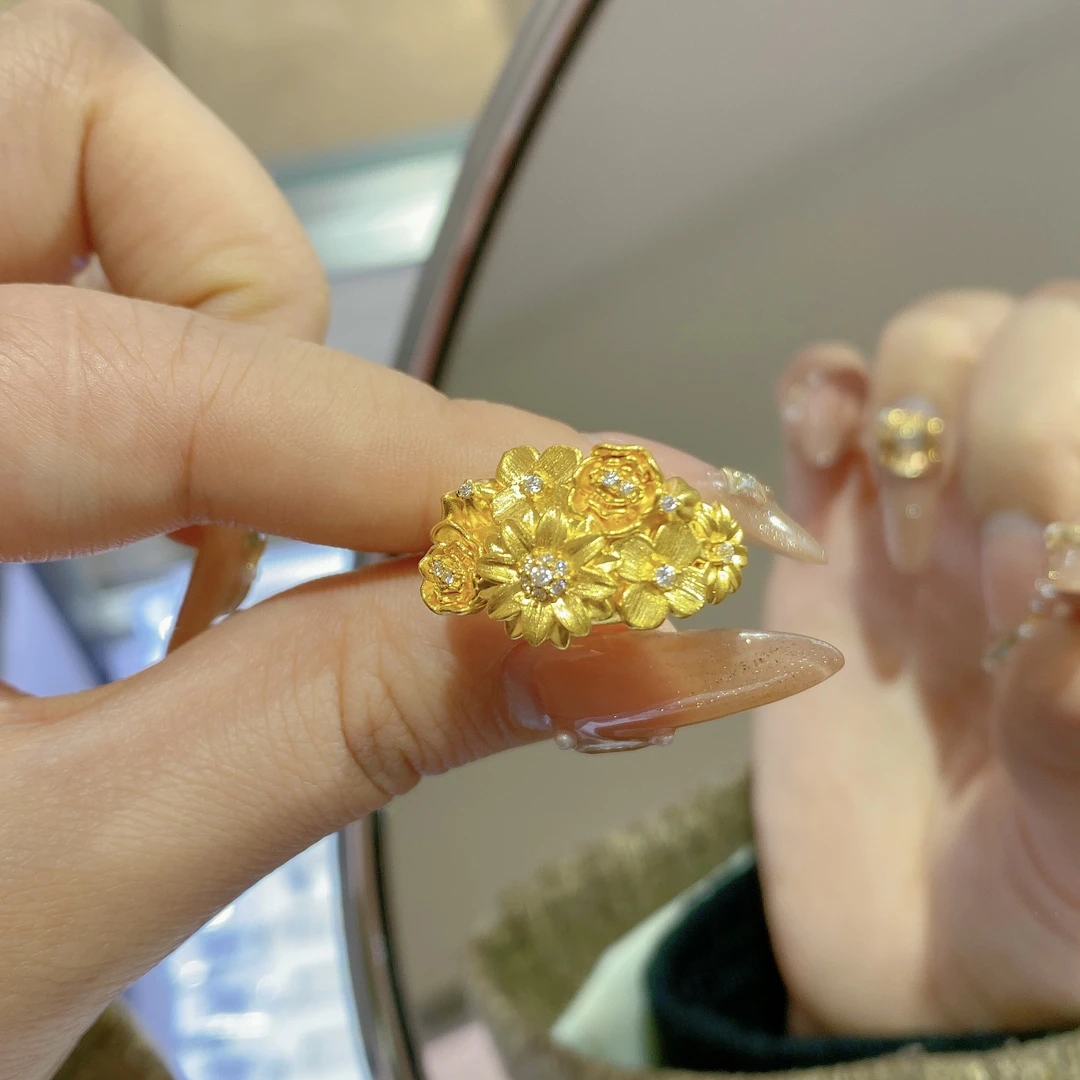 莫桑石2051 繁花戒指 繁花锦簇拉丝戒指 轻奢高级感足金戒指女