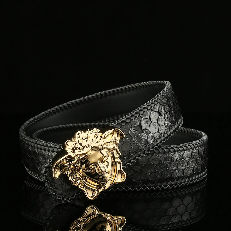 网红真蟒蛇皮带男士手工编织平滑扣美人头裤腰带纯黄铜美杜莎新款