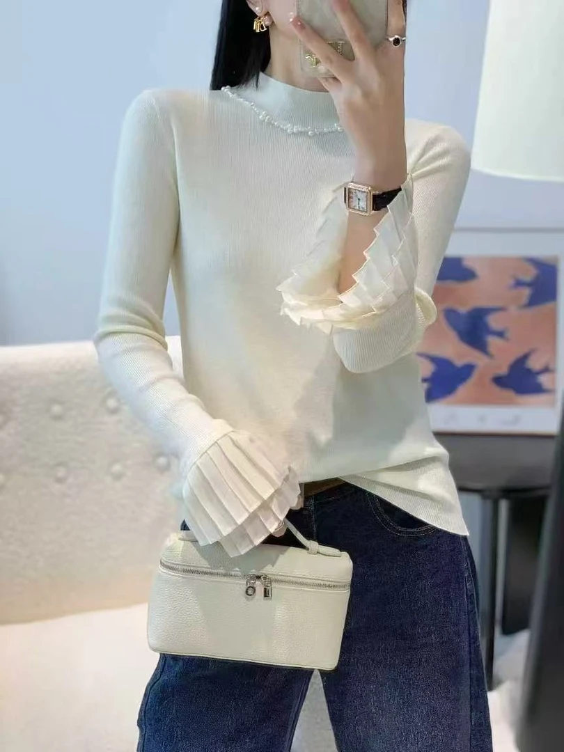 * 丽影 *秋冬新款* 珠饰寸圆领蕾丝袖针织衫 * 时尚长袖上衣百搭