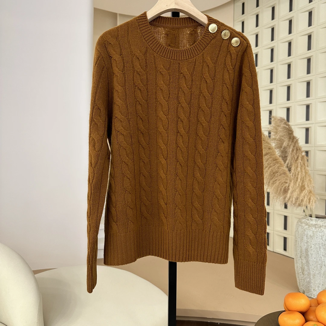 【刘雯同款】气质立显~100纯山羊绒女麻花纽扣圆领针织打底衫长袖