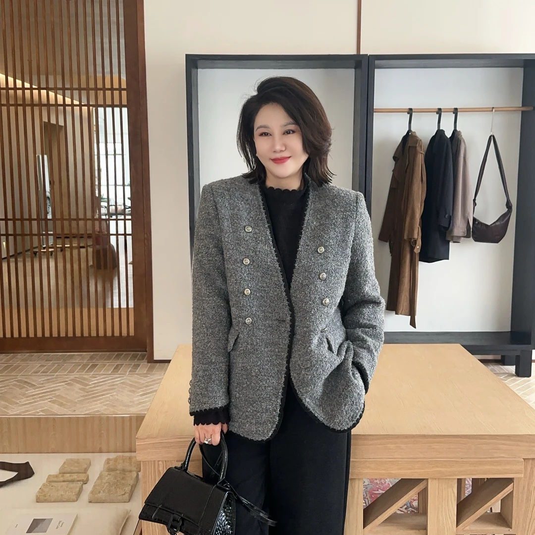 微胖女装【总裁西装】50羽绒服V领西装外套秋冬保暖加厚8831