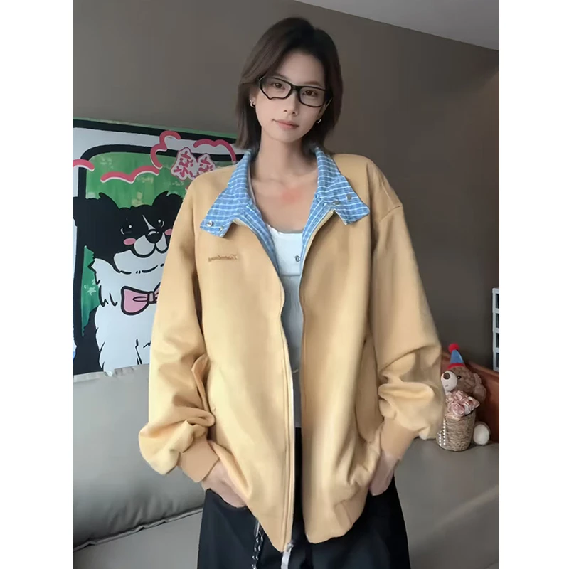 卡其色miu系鹿皮绒外套男秋美式复古格子拼接夹克痞帅高街机车服