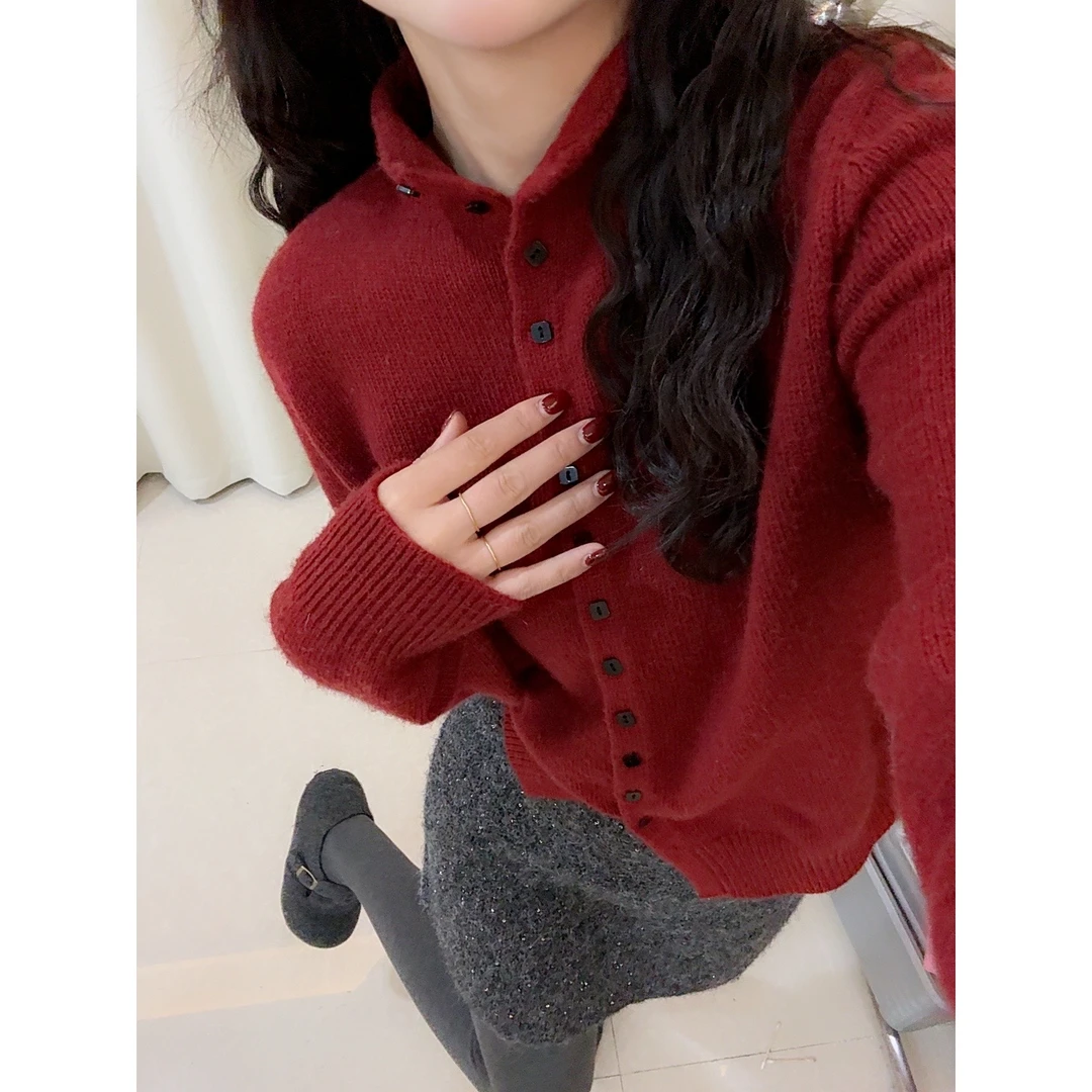 QianRH-9787冬季新款时尚休闲百搭加厚纯色半高领针织开衫