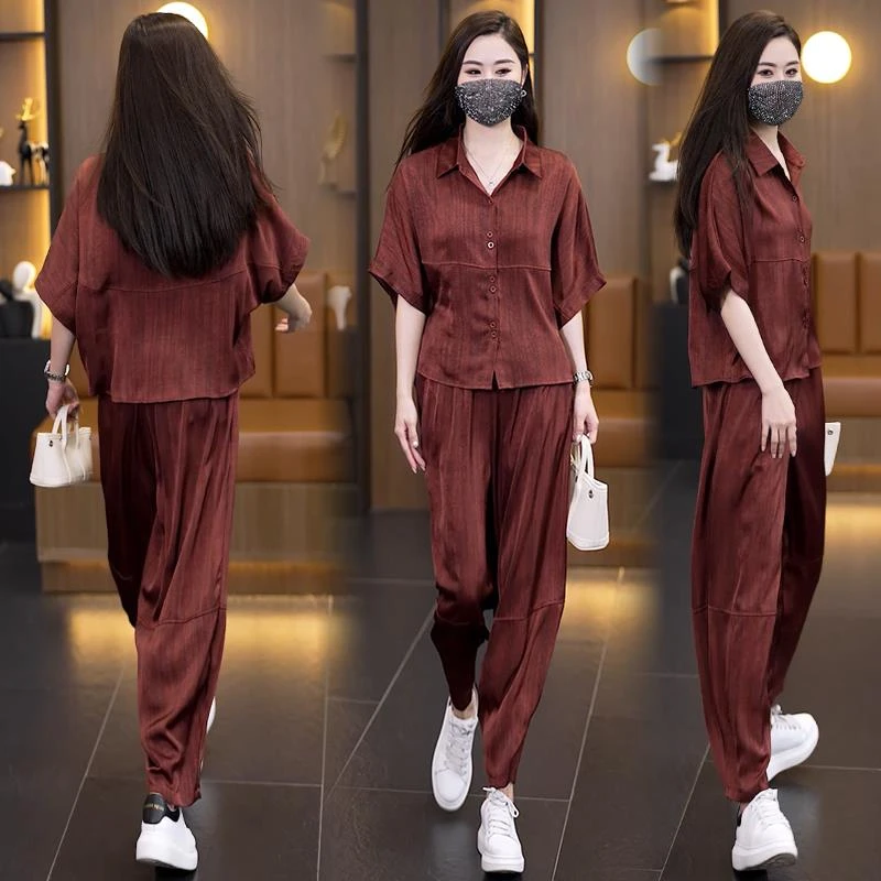 盐系轻熟套装高端气质夏季胖mm显瘦大码女装时尚休闲衬衫两件套裤