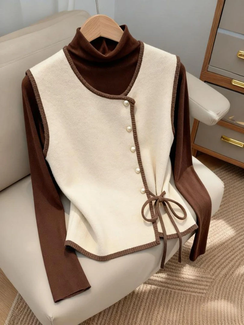 2025秋季新款时尚穿搭女装法式复古棕色气质百搭马甲打底衫两件套