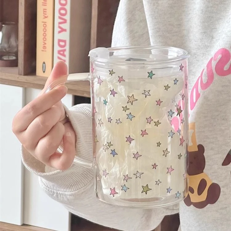 高硼硅星星ins风玻璃杯把手1000ML水杯大容量果汁杯饮料吸管杯