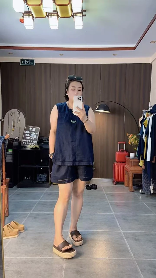 大码坎袖背心短裤麻套装显瘦洋气夏季