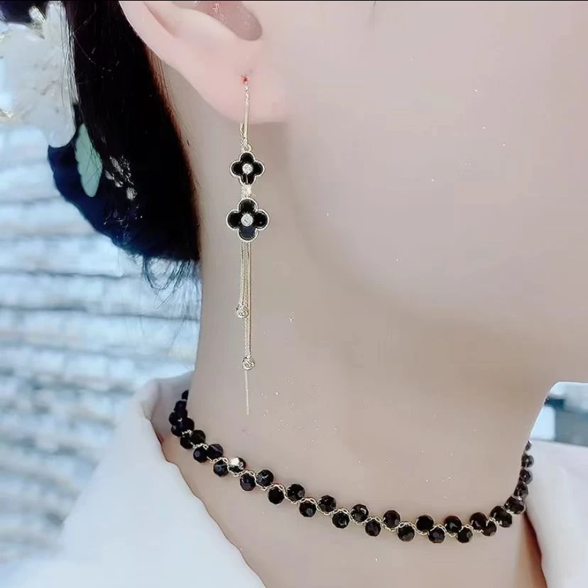 铜合金合成锆石耳饰 097轻奢优雅法式黑色长款女士气质网红耳线