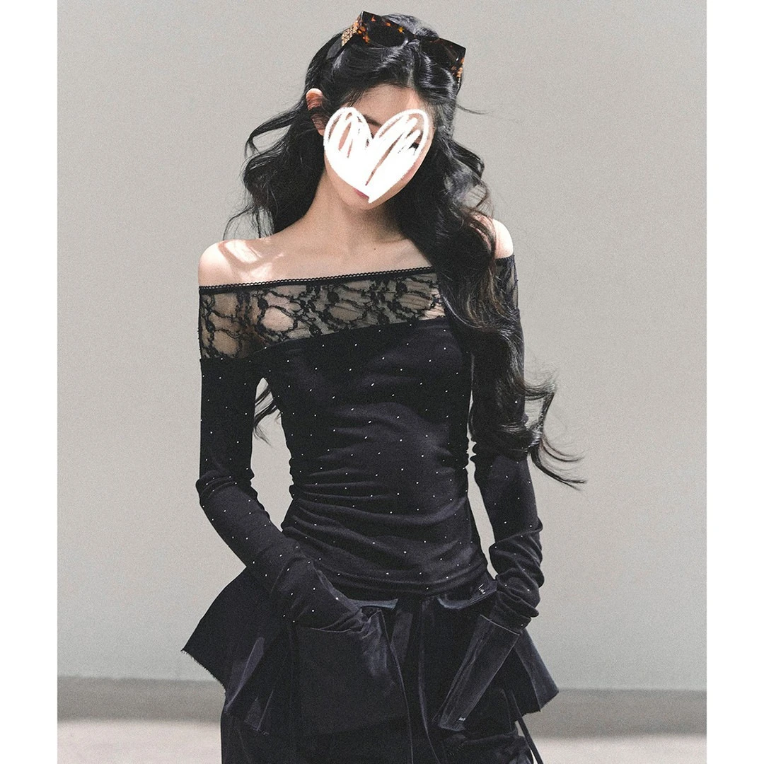 秋冬新款一字肩高级设计感蕾丝拼接纯欲辣妹风显瘦t恤长袖上衣女