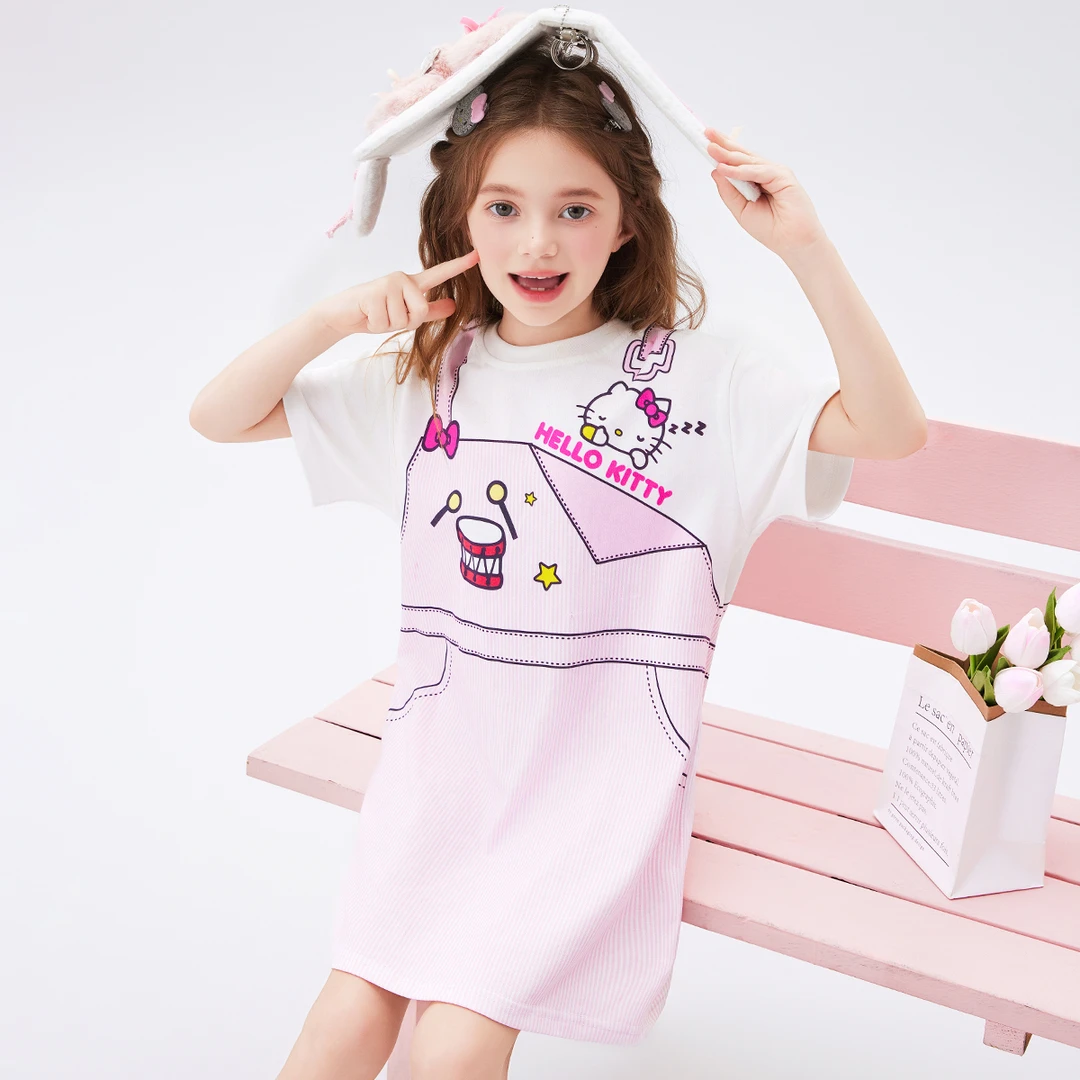 Hello Kitty女童夏季2025新款纯棉时尚长款撞色印花连衣裙