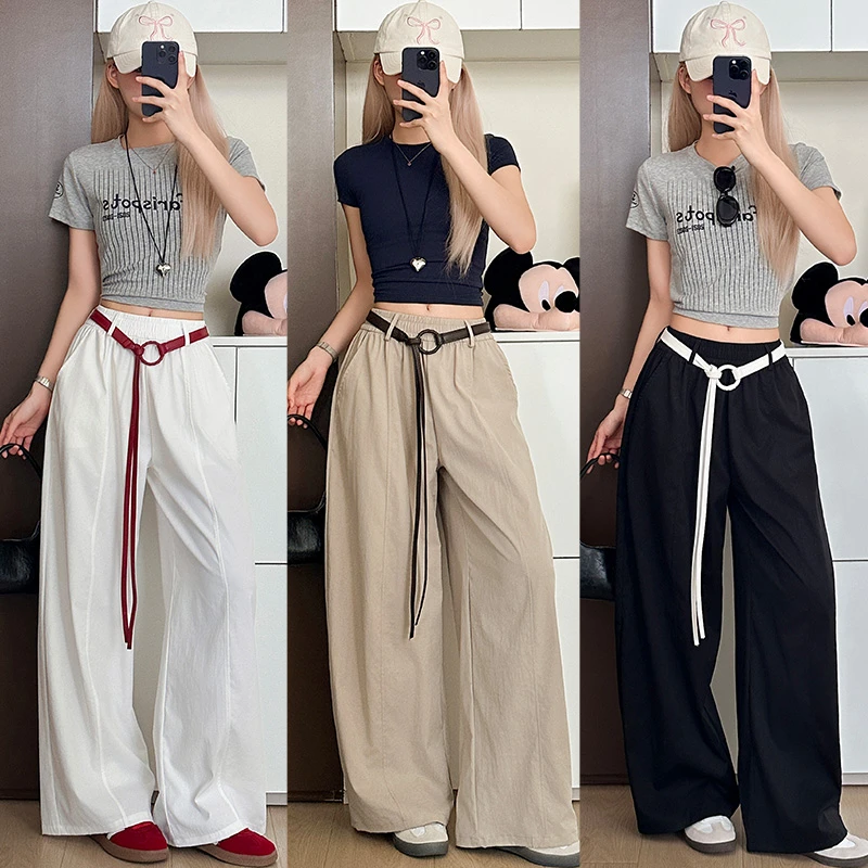 韩系弯刀阔腿裤女2025夏季薄款简约休闲百搭小个子压褶高腰直筒裤