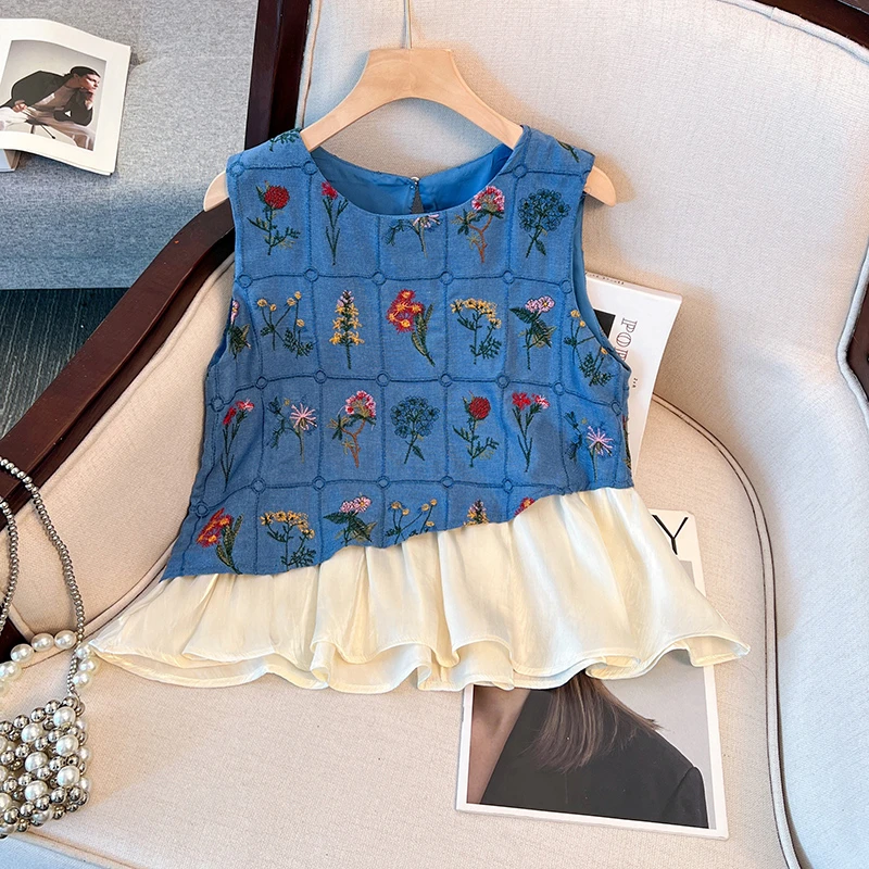 工艺撞色拼接刺绣背心吊带女夏季新款通勤时尚气质轻奢高级感上衣