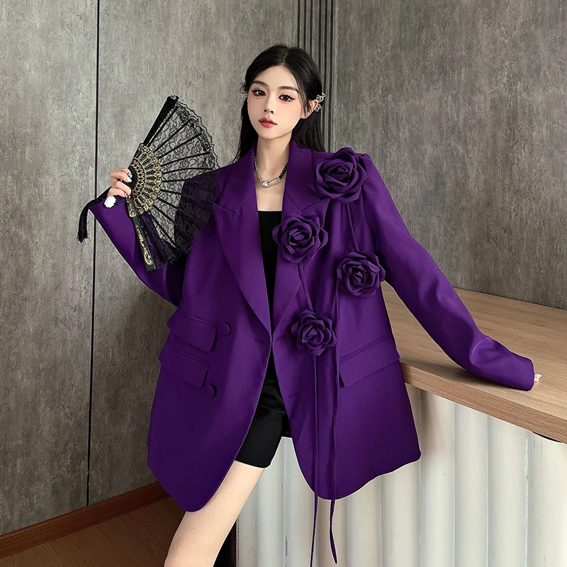 春秋气质网红紫色立体花朵重工西装外套女小众设计高级感垫肩西服