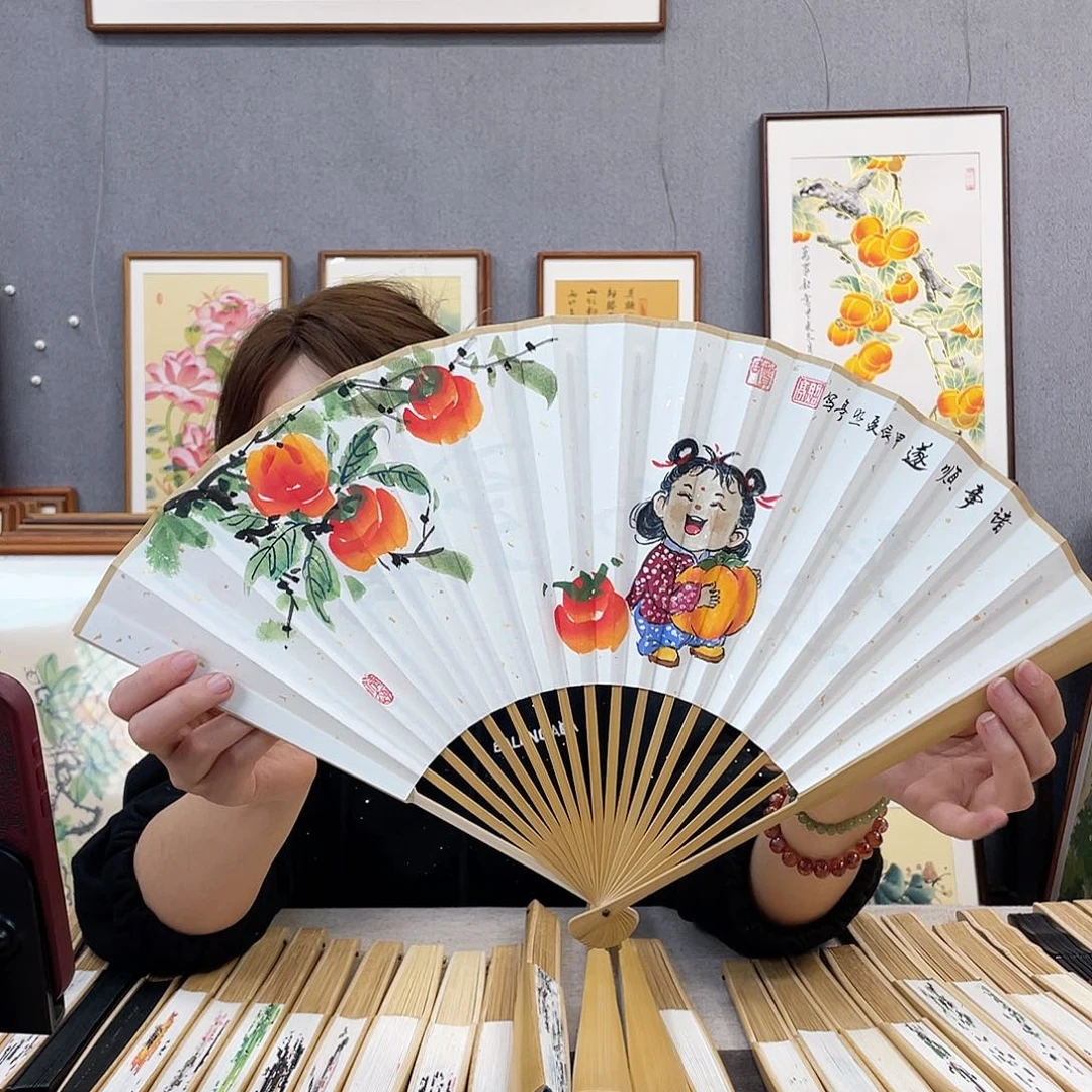 国画95寸玉竹-纯手绘-文玩扇骨（默认粘好）