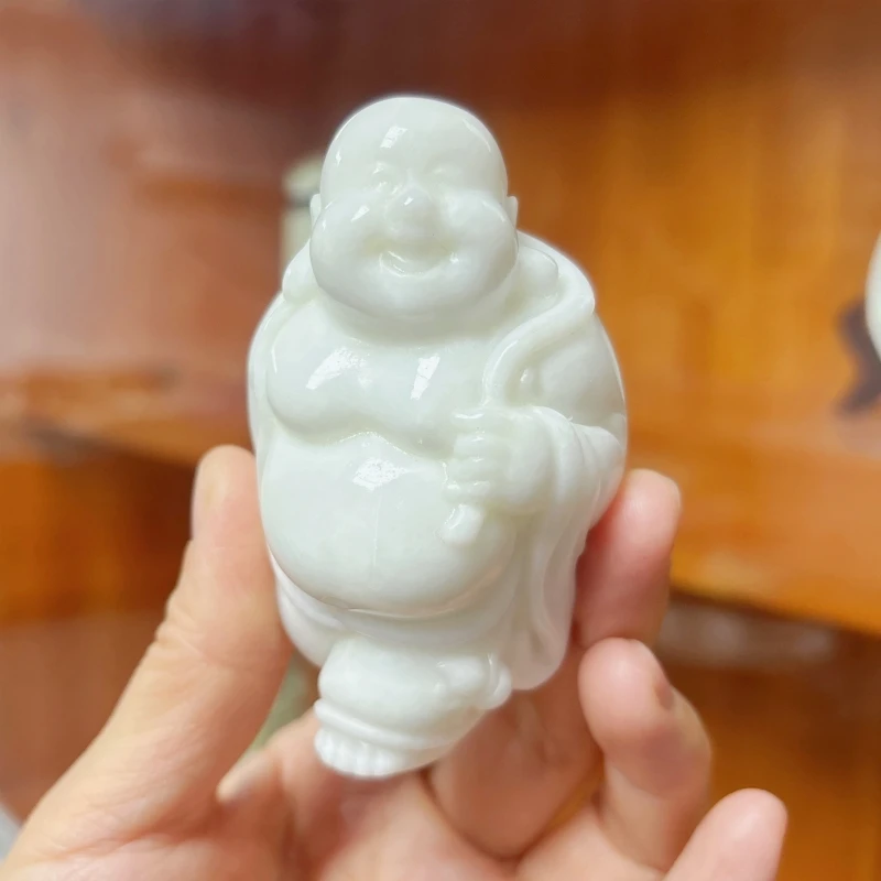 蓝田玉手把件笑佛如意开心客厅书房办公桌摆件送老人西安产地保真