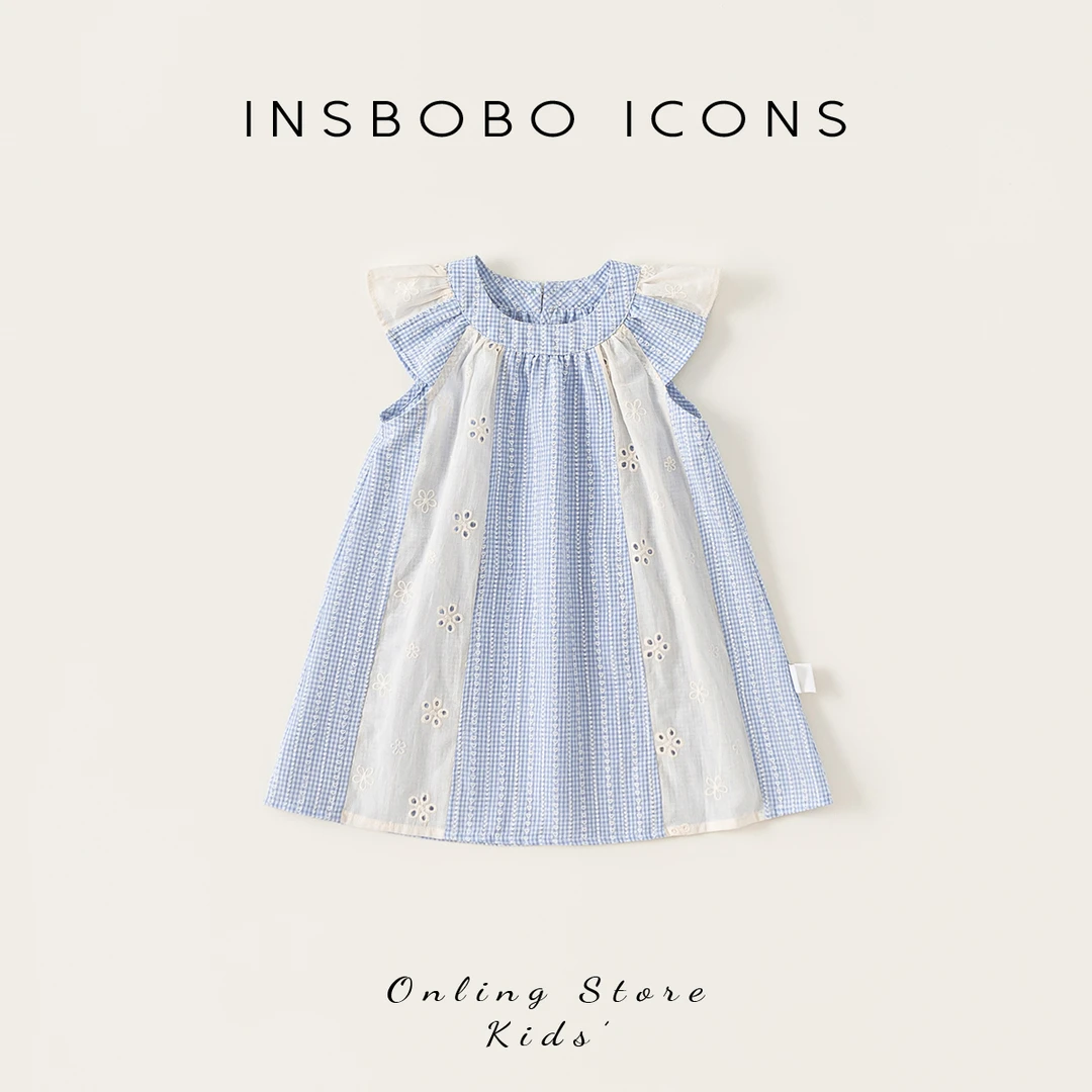 XQ25369【夏】儿童裙子（圆领小飞袖格子撞色拼接连衣裙）