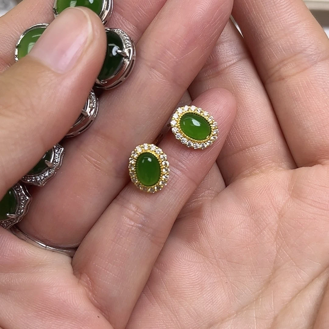 和田玉银S925镶嵌耳饰