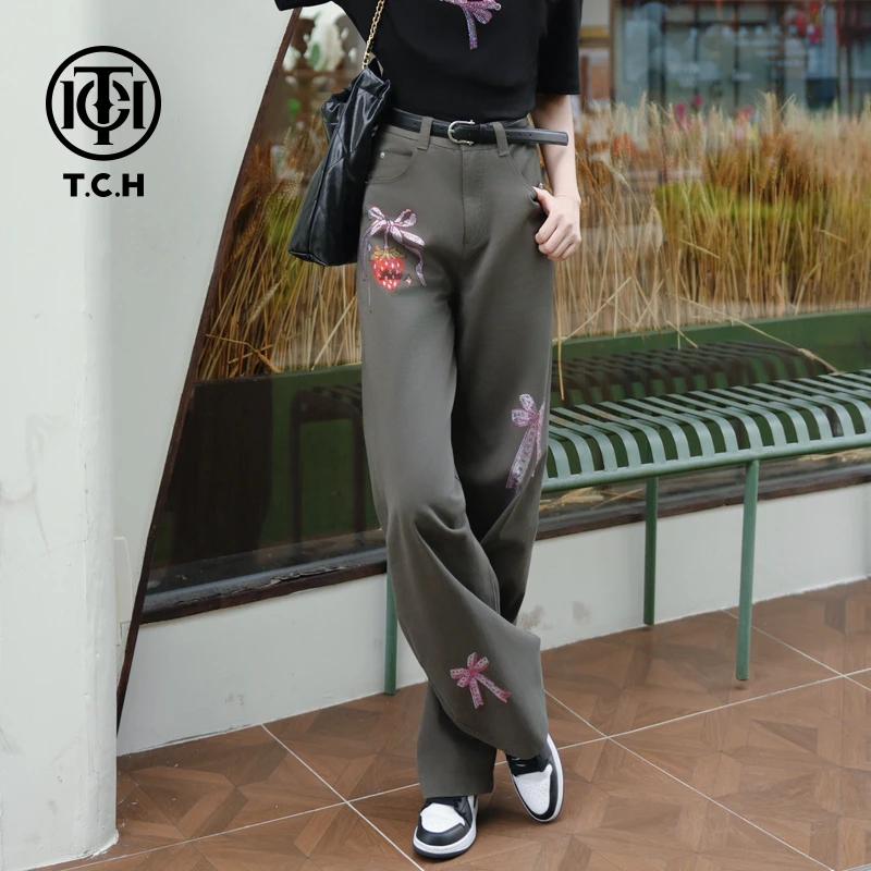TCH秋款烫钻新时尚淑女百搭新潮流牛仔裤阔腿T75C20E5052轻奢tch