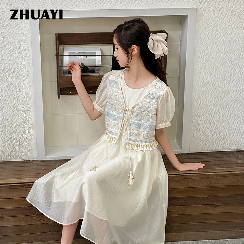 女大童连衣裙2025夏季民族风长裙显瘦气质裙子淑女洋气风中大童裙