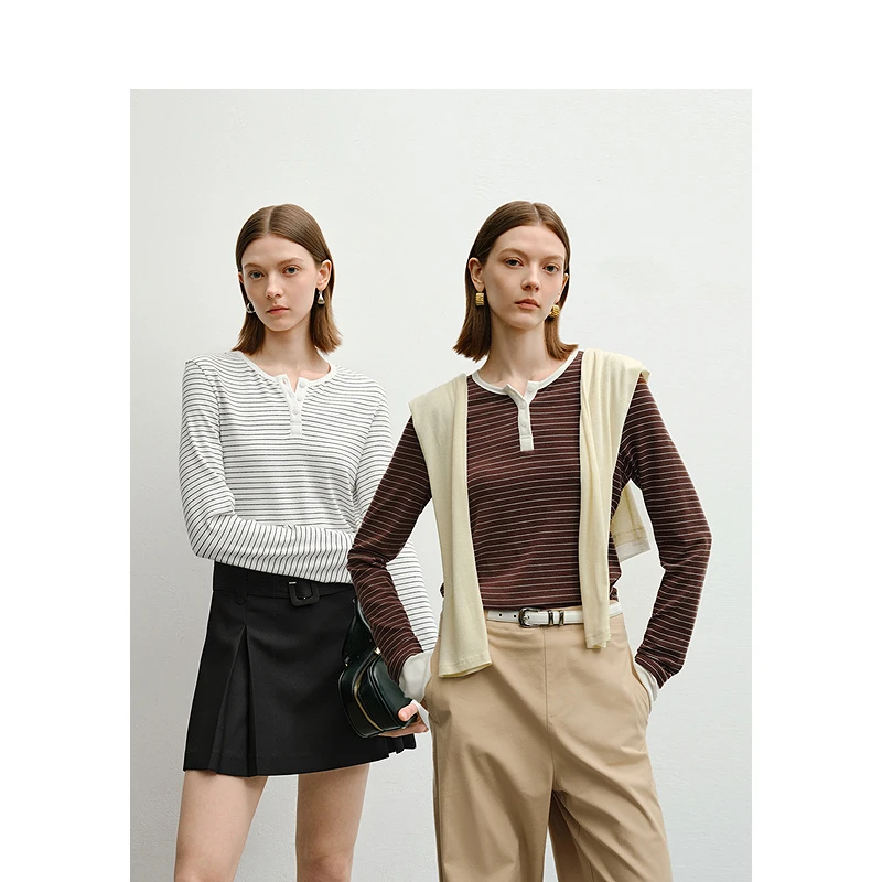 迪赛尼斯秋季通勤百搭气质显瘦修身撞色半开领长袖T恤女