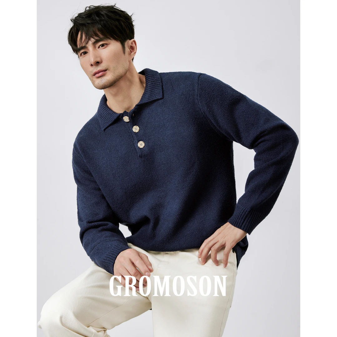 意式老钱风 秋冬加厚保暖男士长袖翻领polo衫纯色百搭针织衫毛衣