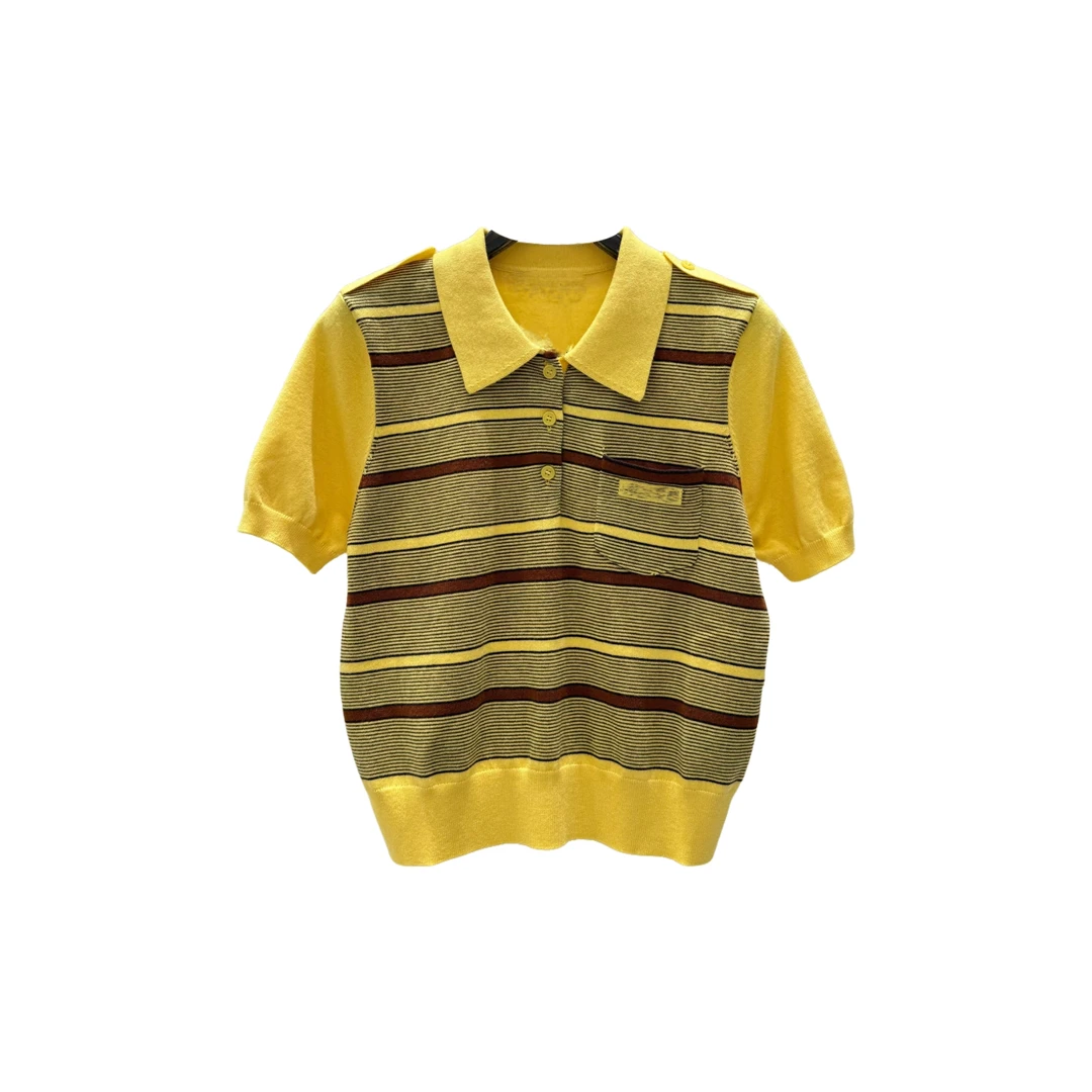 AM072 黄色条纹polo领短袖上衣