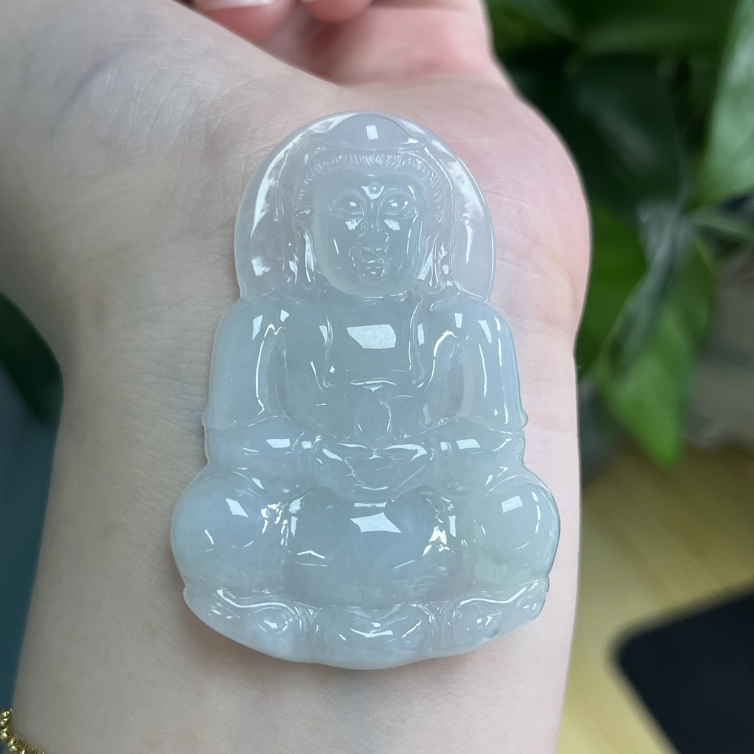 粉丝福利！天然缅甸翡翠A货冰胶观音翡翠吊坠54.4/37.8/5.8 无纹裂