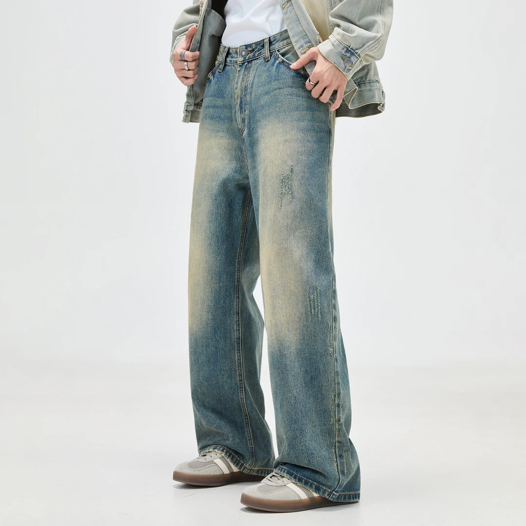 水洗做旧牛仔裤男痞帅款秋季美式复古长裤子宽松休闲直筒阔腿裤