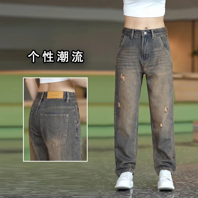 美式破洞牛仔裤男款时尚韩版宽松锥形长裤复古莱赛尔冰丝休闲男裤